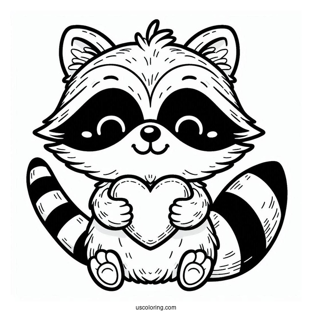 Cartoon Raccoon Coloring Page Holding A Love Heart