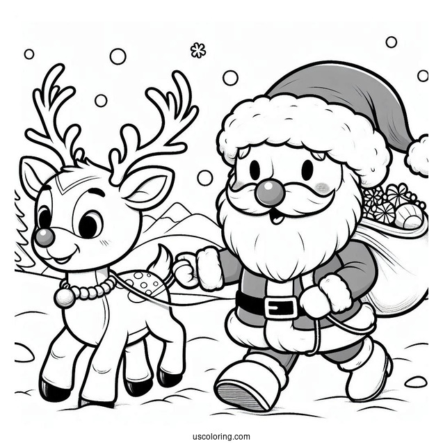 Rudolph Leading Santa With His Red Nose To Color