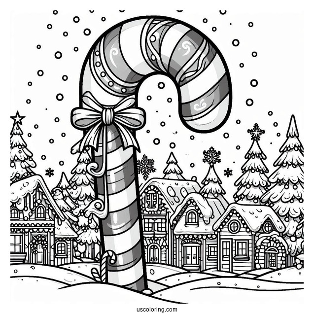 Giant Candy Cane Coloring Page In Winter Wonderland Town
