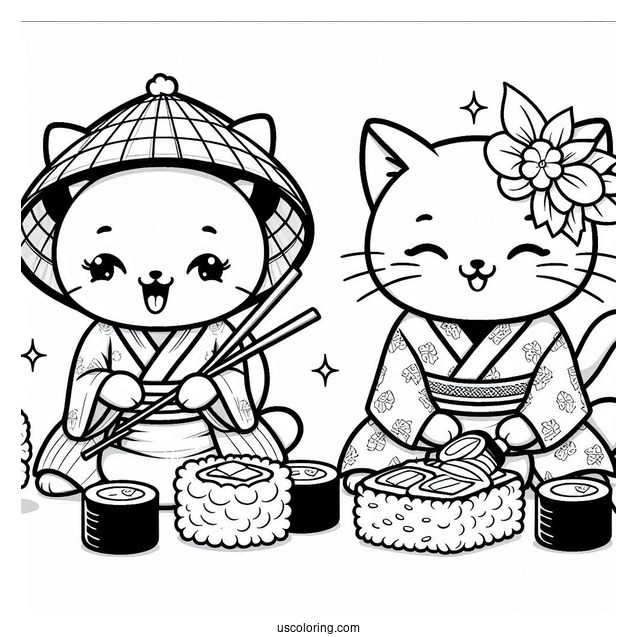 Happy Cat In A Yukata Eating Sushi Coloring Page For Kids