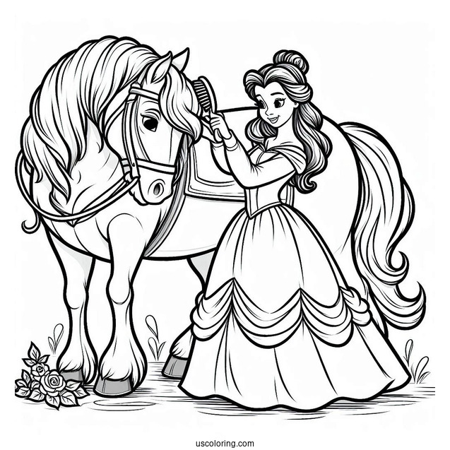 Belle Brushing Her Horse Phillipe To Color