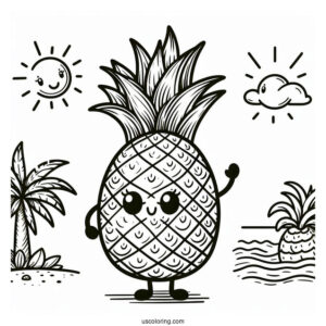 Waving Pineapple Coloring Page Character Smiling Under the Sun For Kids