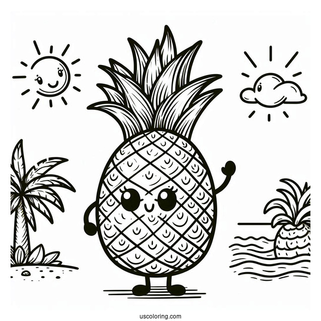 Waving Pineapple Coloring Page Character Smiling Under the Sun For Kids