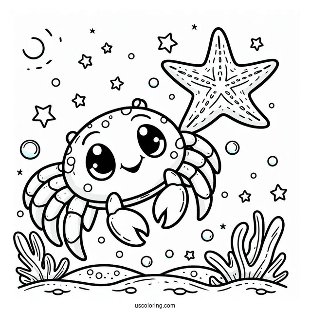Cartoon Crab Approaching Starfish Coloring Page At Sea