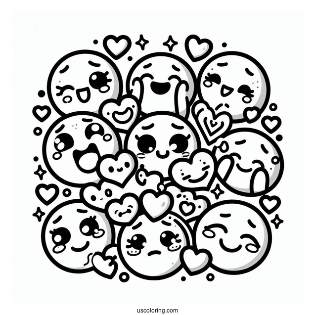 Emoji Coloring Page Of Kawaii Full Page Emoji Montage Of Feelings And Hearts