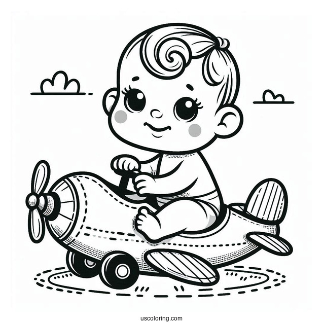 Baby Coloring Page In A Toy Airplane For Kids