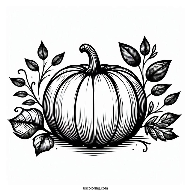 Large Pumpkin Coloring Page With Leaves To Color