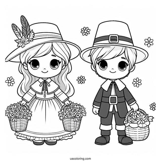 Adorable Girl And Boy Pilgrim Coloring Page