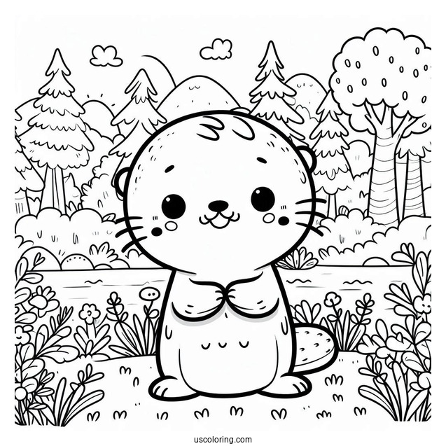 Kawaii Otter Coloring Page In The Forest For Kids