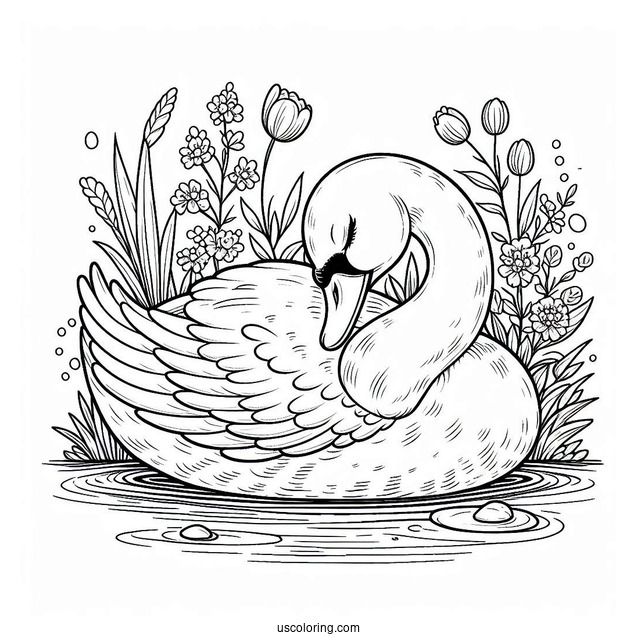 Detailed Swan Coloring Page Sleeping On Pond