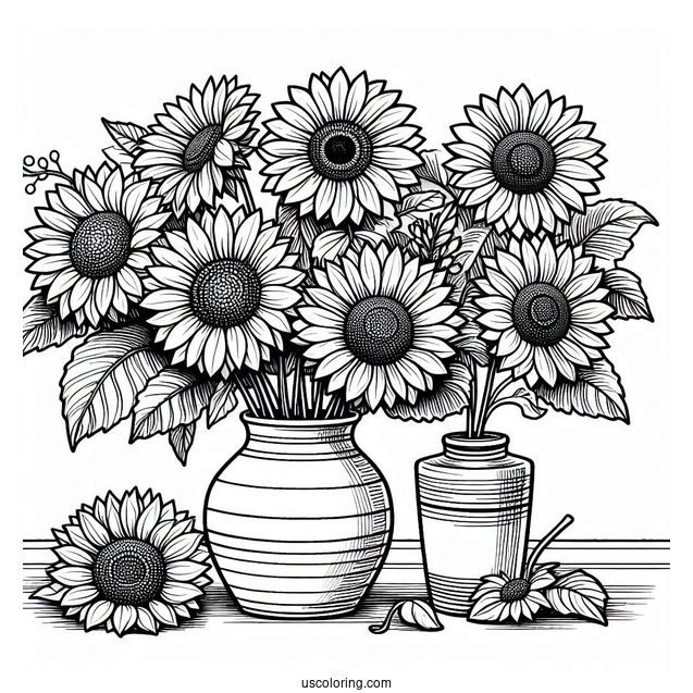Several Sunflowers In Vase Coloring Sheet