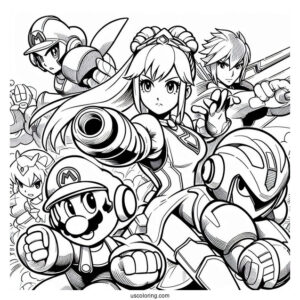 Super Smash Bros Coloring Page Of Mario, Mega Man, Palutena, Samus Aran, And Lucina
