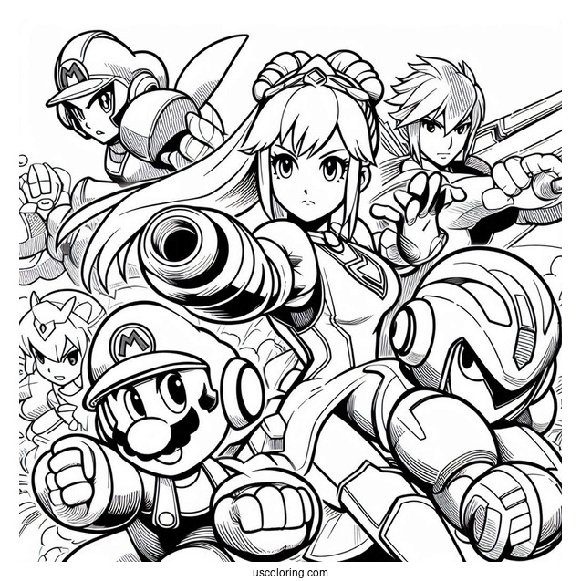 Super Smash Bros Coloring Page Of Mario, Mega Man, Palutena, Samus Aran, And Lucina