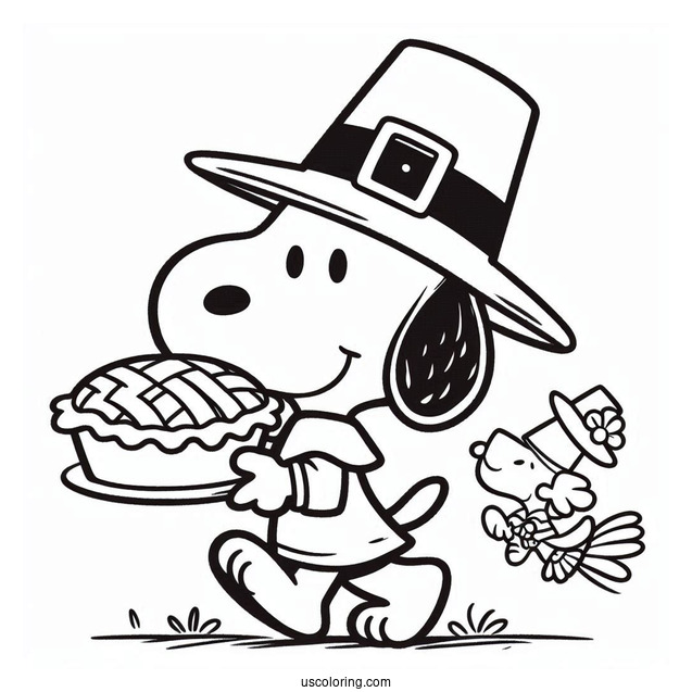 Pilgrim Coloring Page Snoopy Carrying A Pie For Kids