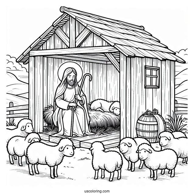 Nativity Coloring Page of Jesus In a Stable And Sheep