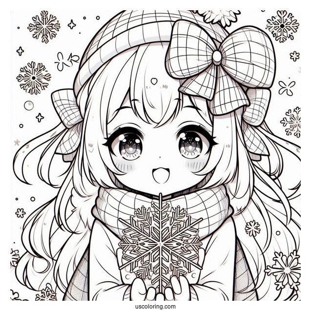 Kawaii Anime Girl Holding Snowflake Coloring Page