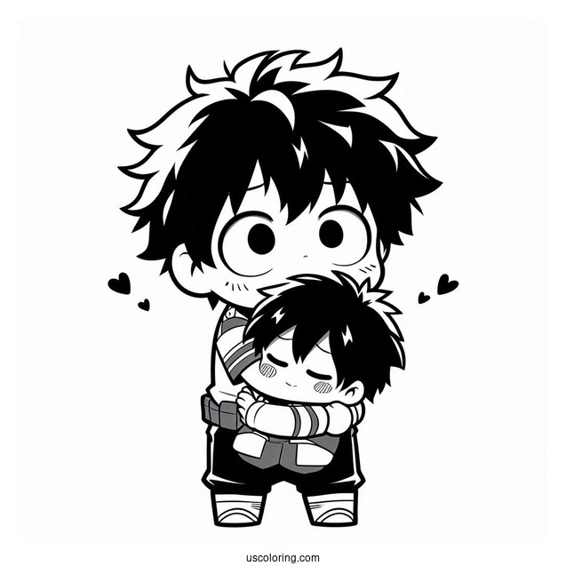 Kawaii Chibi Deku Coloring Page Hugging Shoto Todoroki