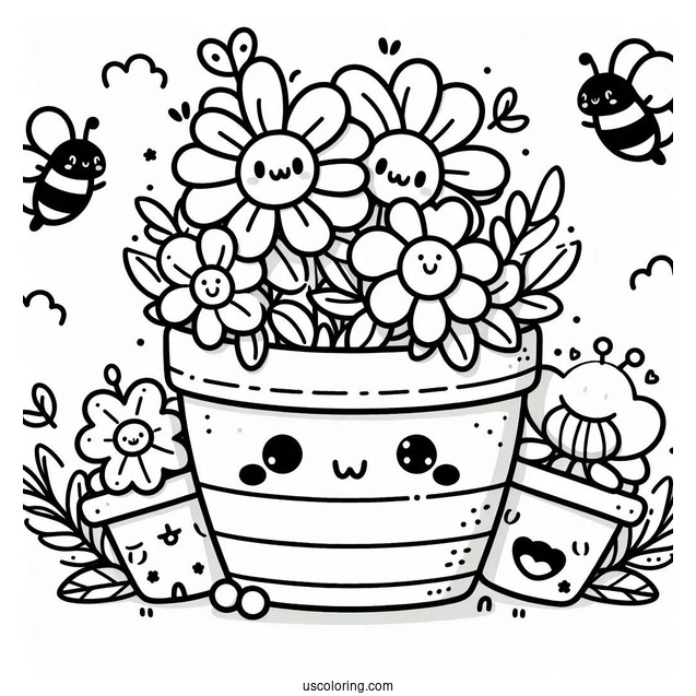 Spring Coloring Page Kawaii Flower Pot With Bee And Butterfly For Kids