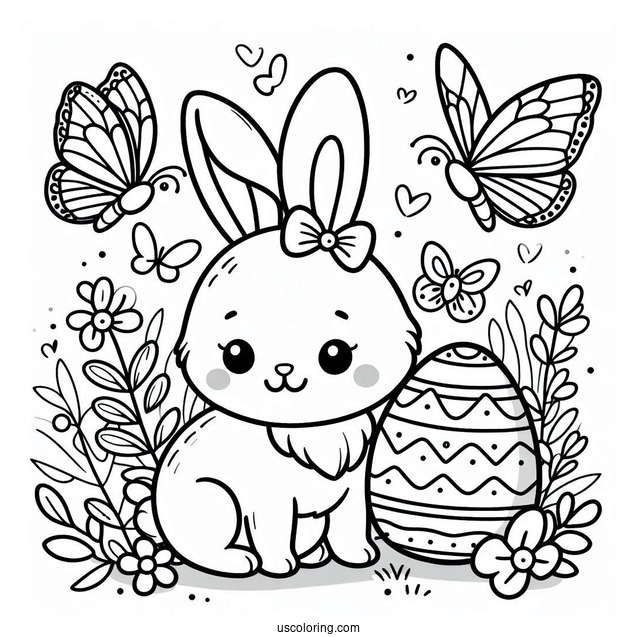 Easy Easter Bunny Coloring Page With Egg And Butterfly