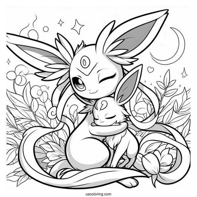 Sylveon Coloring Page Hugging Espeon With Ribbons