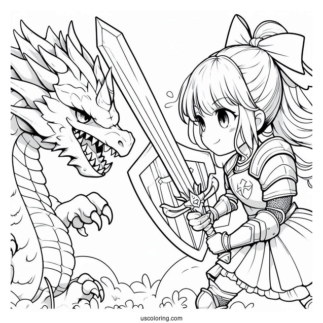 Coloring Sheet Of Girl Knight To Fight Dragon