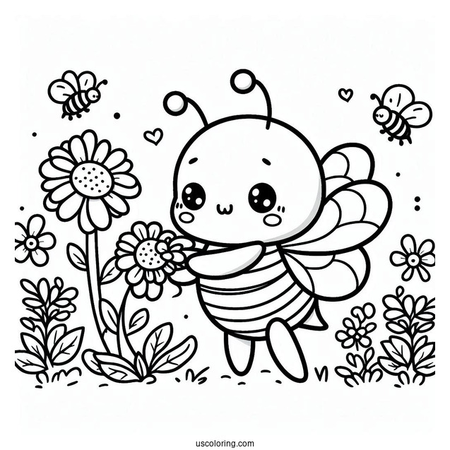 Kawaii Bee Coloring Page Collecting Flowers