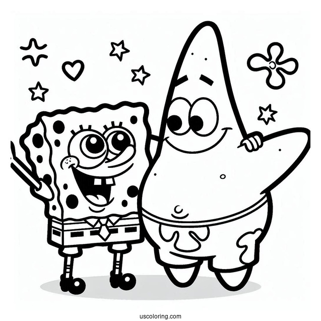 Happy SpongeBob And Patrick Star Coloring Page With Arms Around One Another