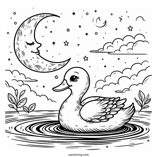Duck Swimming Under the Moon Coloring Sheet