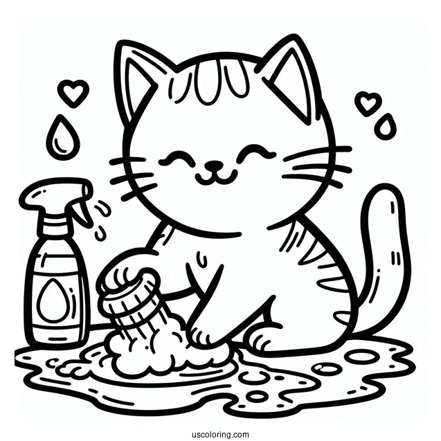 Coloring Page Of Cat Cleaning Itself