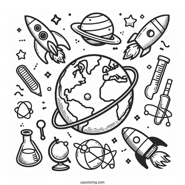 Simple Earth Surrounded By Rockets, Planets, Flasks, And Magnets Science Coloring Page
