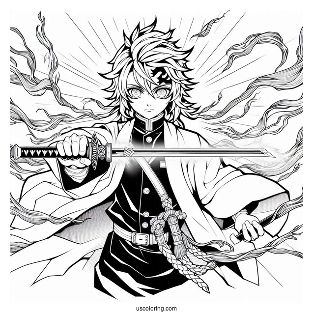 Powerful Tanjiro Coloring Page Summoning Constant Flux With Nichirin Sword