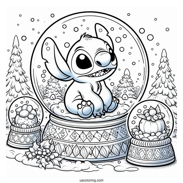 Adorable Stitch Inside A Snow Globe Coloring Page For Kids