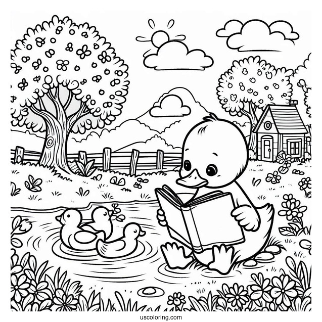 Smart Duck Reading by the Pond Coloring Page