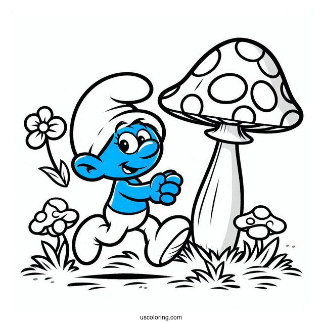 Smurf Running To Mushroom House Coloring Sheet