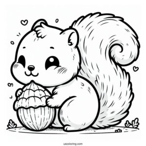 Kawaii Fluffy Squirrel Coloring Page Chewing On Nut