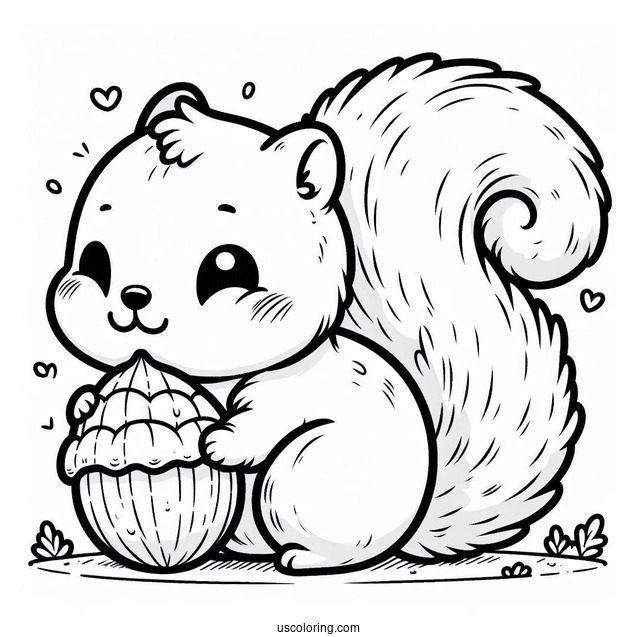 Kawaii Fluffy Squirrel Coloring Page Chewing On Nut