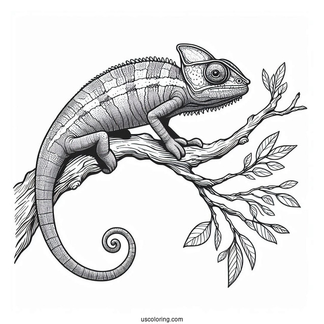 Lizard Coloring Page of Jackson's Chameleon On Tree Branch