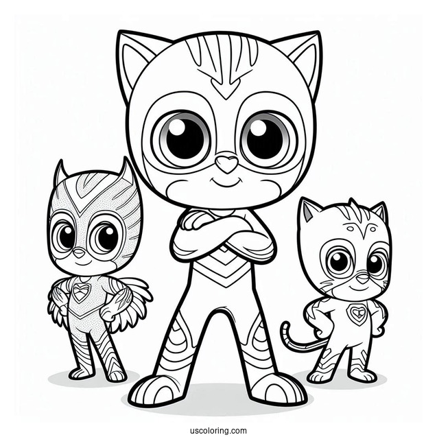PJ Masks Coloring Page Of Simple Owlette, Gekko, And Catboy Standing With Arms Crossed