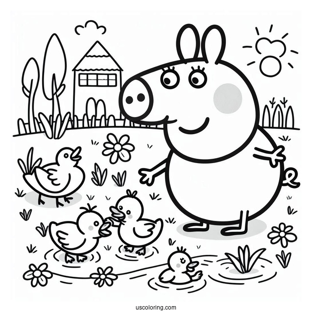 Peppa Pig Helping Baby Ducklings Coloring
