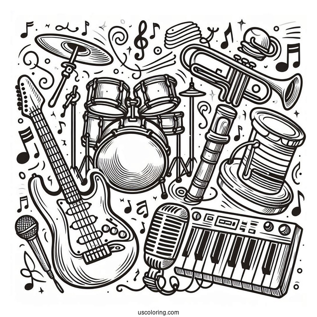Music Coloring Page Of Electric Guitar, Drum, Trumpet, Saxophone, And Microphone