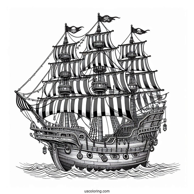 Front View Of A Realistic Pirate Ship Coloring Page