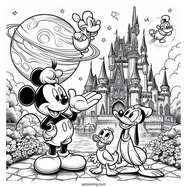 Mickey Mouse And Donald Duck With Pluto Coloring Page Outside Disney Castle