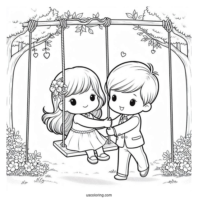 Simple Precious Moments Coloring Page Of Boy Pushing Girl On A Swing