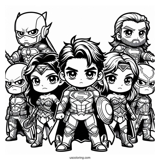Chibi Justice League Coloring Page Of Heroes For Kids