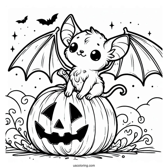 Small Bat Coloring Page Sitting On Jack O Lantern Halloween