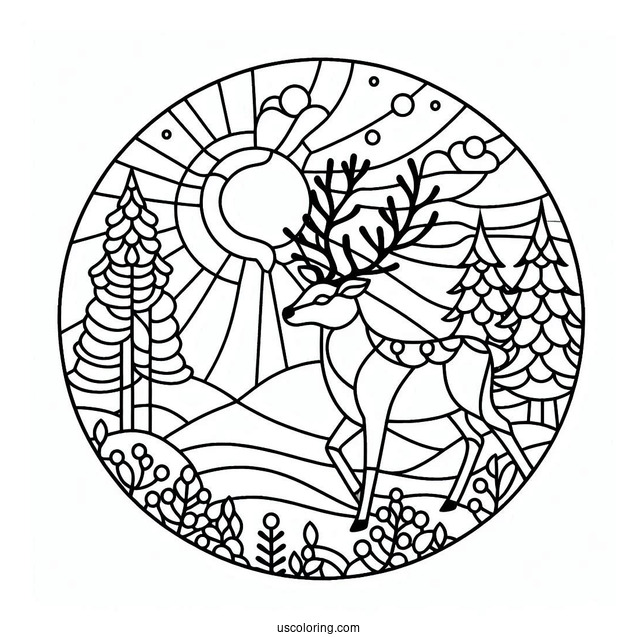 Simple Reindeer In The Forest Stained Glass Coloring Page