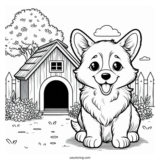 Corgi Puppy In Front Of Dog House