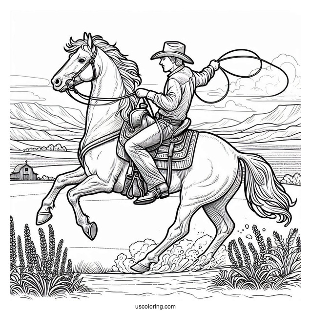 Cowboy Coloring Page Rearing A Horse