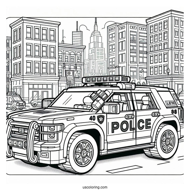 Detailed Lego Police Car Coloring Page Parked In The City