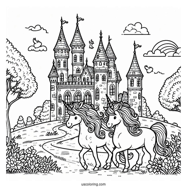 Unicorns Strolling Outside A Beautiful Castle Coloring Page